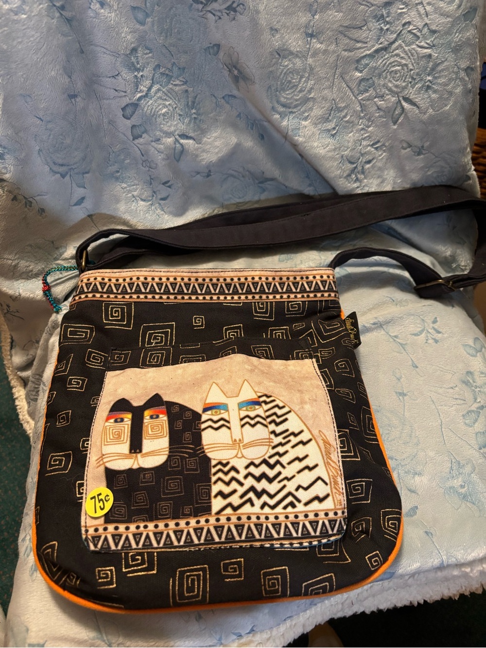 Black Patterned Crossbody Bag with Cat Motif by Laurel Burch